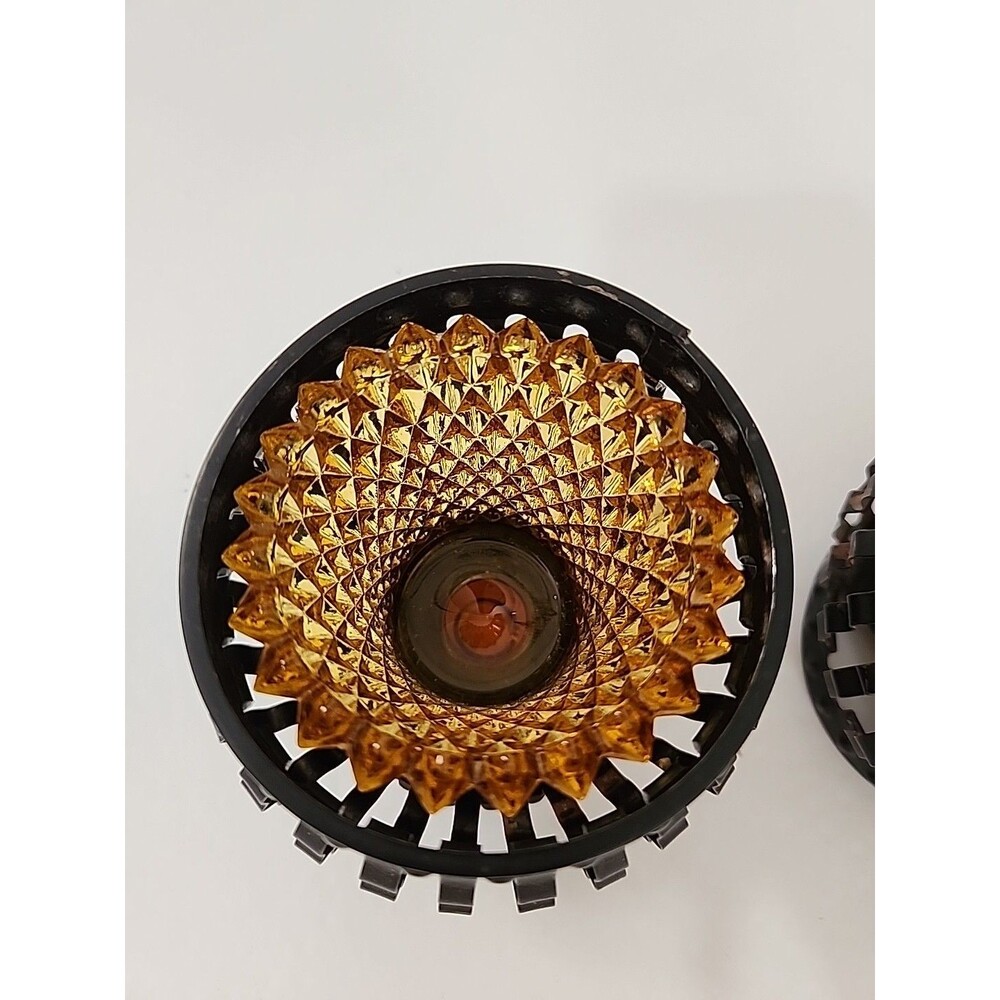 Vintage Candle Holder Black Metal Cage Set 2 Amber Glass Votive MCM - Picture 3 of 7